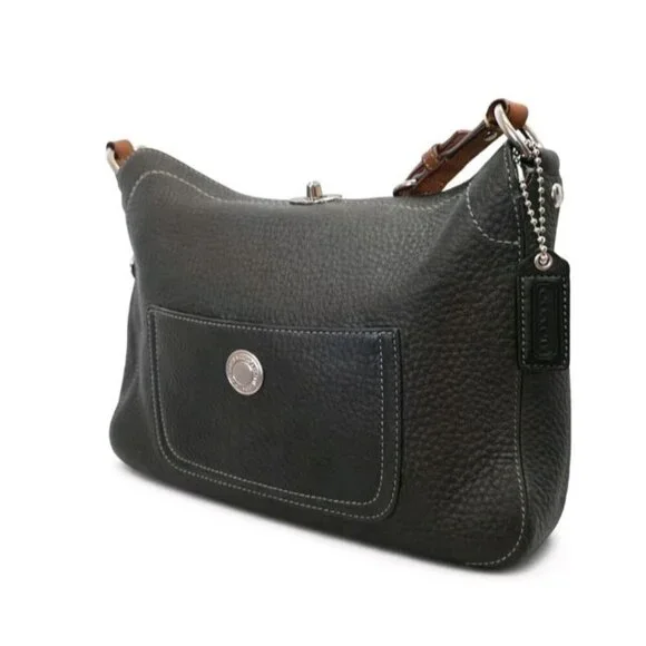 Coach Chelsea Turnlock Hobo Black Pebbled Leather Shoulder Bag Brown Strap Small - Picture 6 of 16